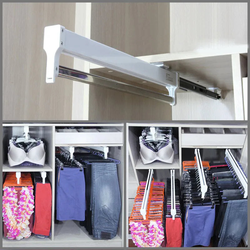 Pull-Out Closet Valet Rod Adjustable Wardrobe Clothing Rail Heavy Duty Top Mount Wardrobe Hanger Rack Bar Ball Bearing Slide