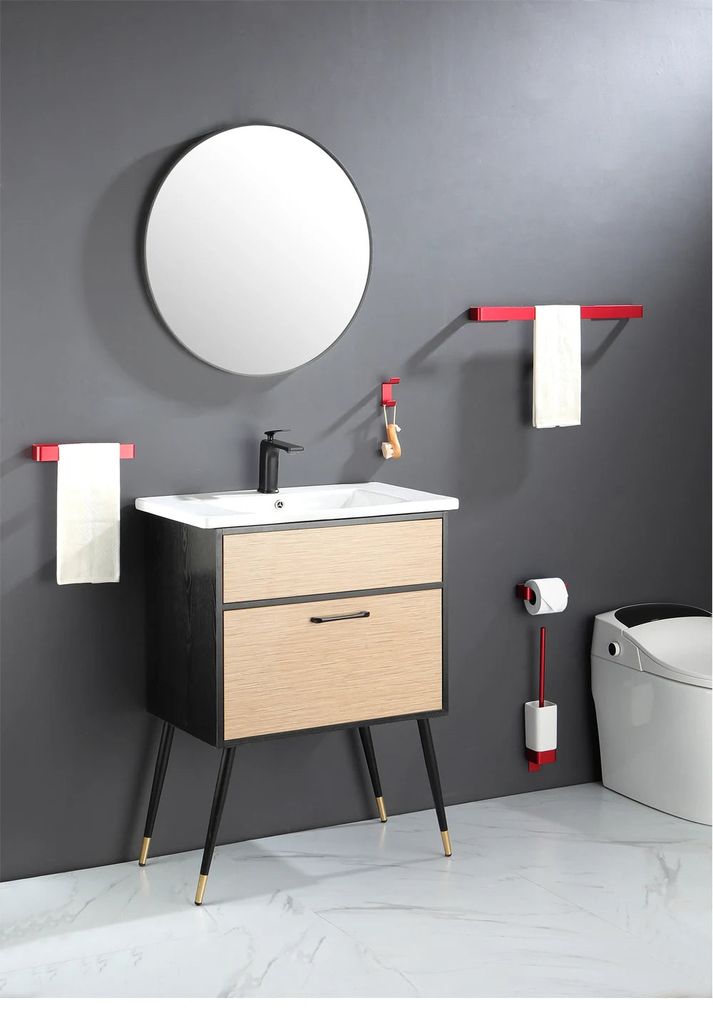 Aluminum Bathroom Accessories Sets 3M Tape Toilet Brush Holder Ceramic Toilet Roll Paper Holder Red Robe Hook Towel Holder