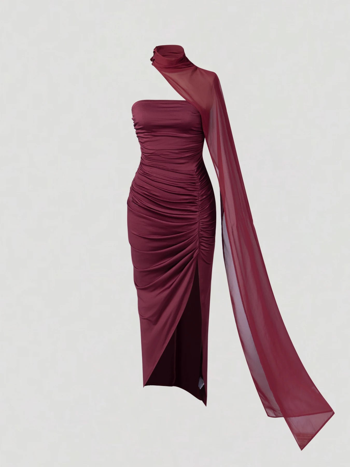 Maxi Dress Spring Summer Women Burgundy Asymmetrical Halter Neck Ruched Split Hem Sexy Elegant Party Date Evening Club Dress