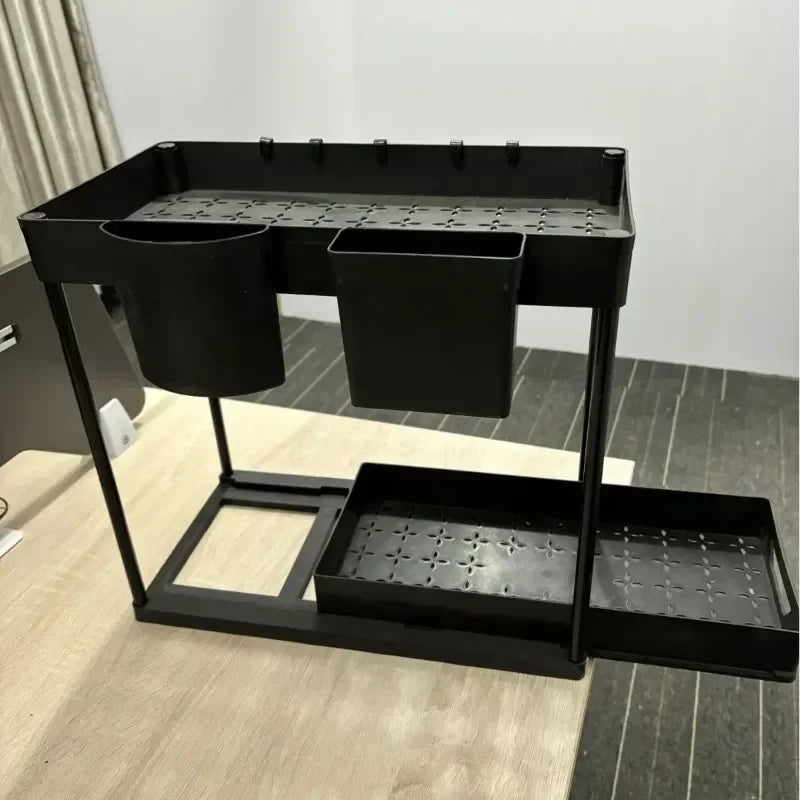 Under Sink Organizer, Sliding Cabinet Basket Organizer, Storage Rack with Hooks, Hanging Cup, Bathroom Kitchen Organizer, 2 Tier