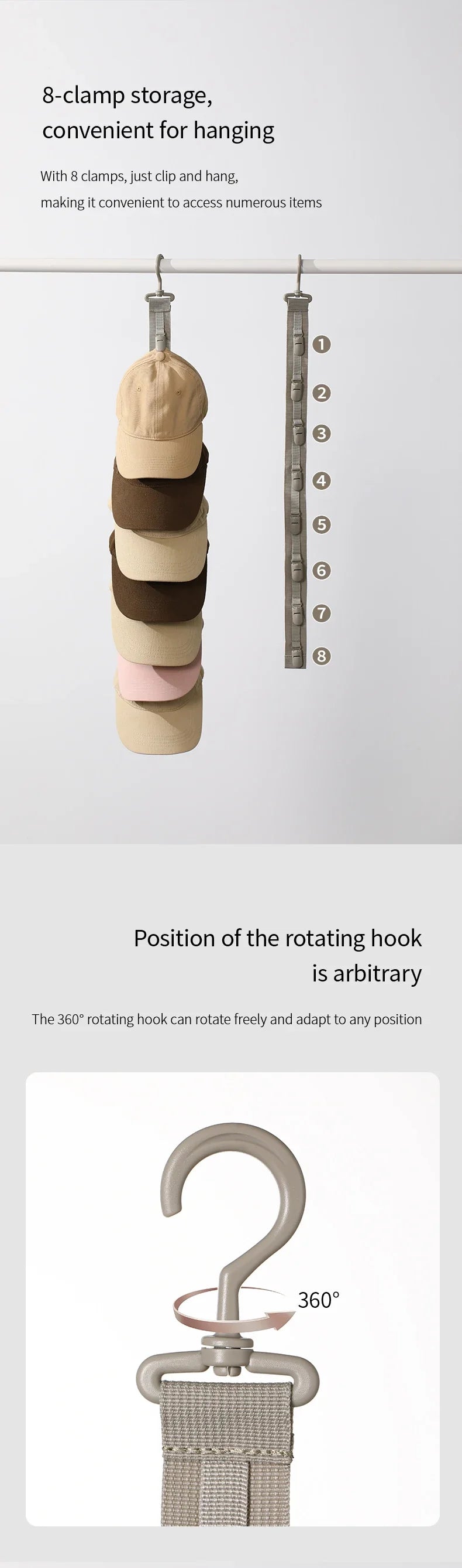 Wardrobe Hat Rack Hanging Rope Hat Storage Clips Hat Organizer Display for Baseball Caps Hat Hanger for Closet Door and Bedroom