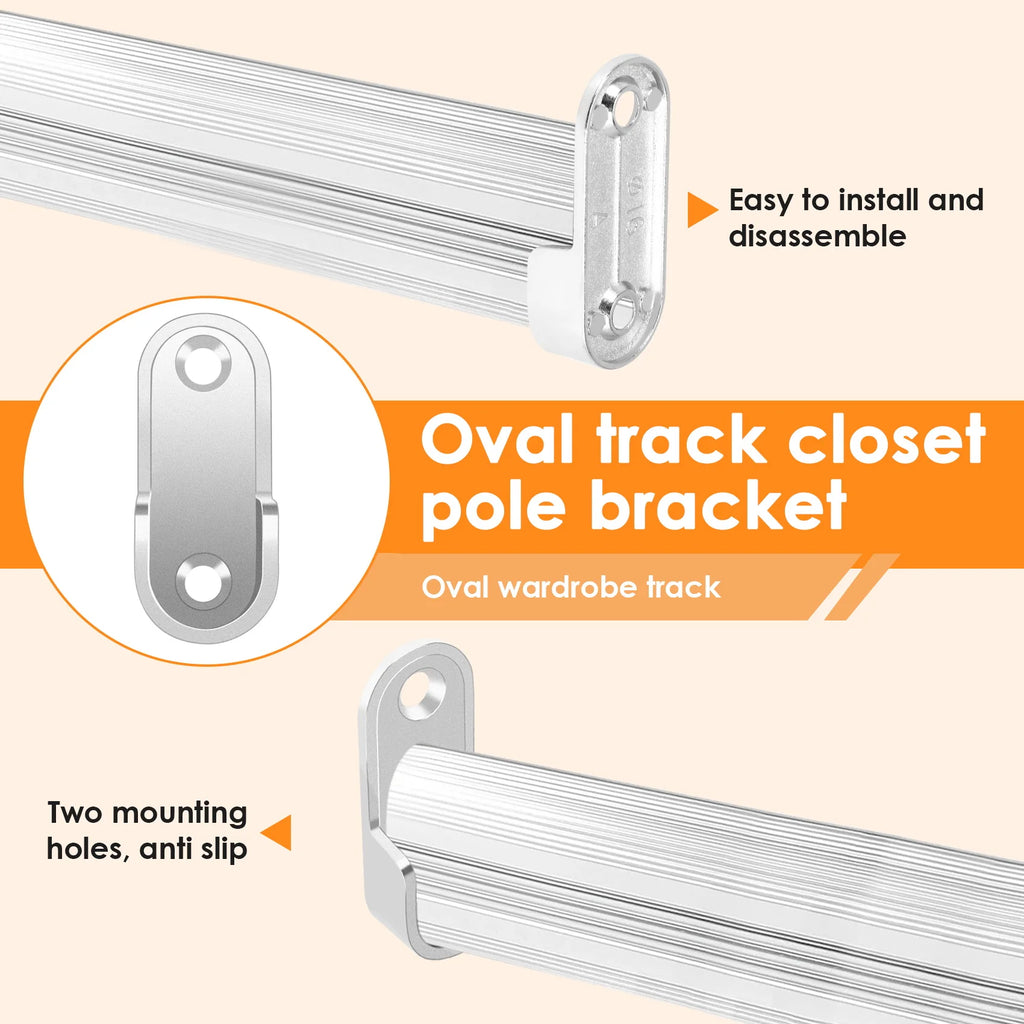 Oval Wardrobe Hanging Rail Rod End Bracket Support Silver Tone Pair