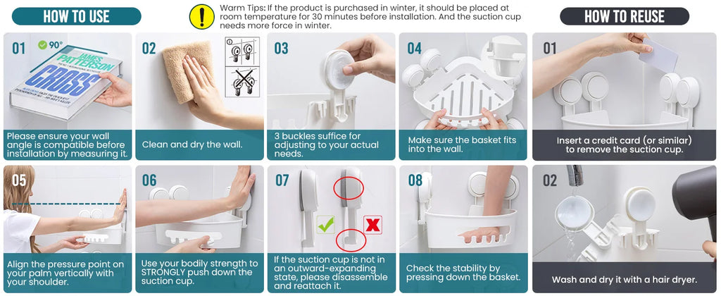 TAILI Corner Shower Caddy Suction Cup No-Drilling Removable Shower Caddy Basket Powerful Suction Bathroom Shower Shelf Organizer