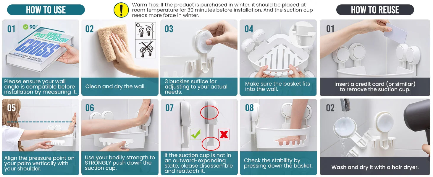TAILI Corner Shower Caddy Suction Cup No-Drilling Removable Shower Caddy Basket Powerful Suction Bathroom Shower Shelf Organizer