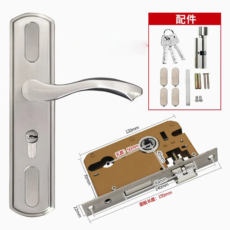 Adjustable Stainess Steel Door Handle lock set Home Security With Keys  Interior Door Lock Hole Size110-190mm