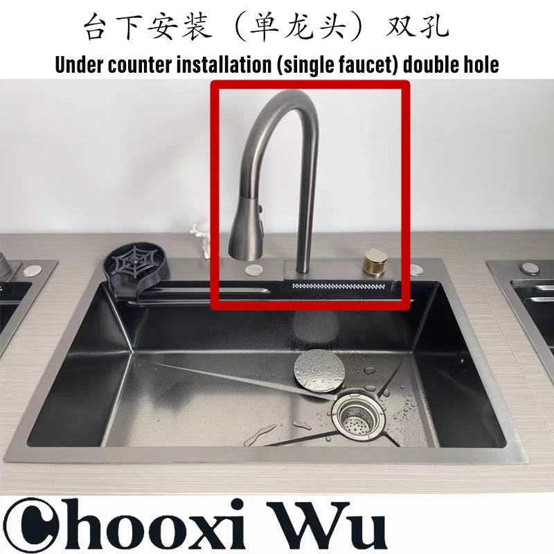 Waterfall Sink Pull Type Kitchen Faucet Hot Cold Mixer Vegetable Wash Tap Basin Multiple Water Outlets Rotation Flying Rain Tap