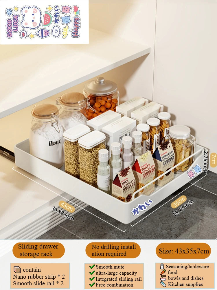 Non Perforated Kitchen Pull-out Shelf，Kitchen Storage Rack with Sliding Rails，Drawer Storage Tray，Cabinets Organizer，spice Rack