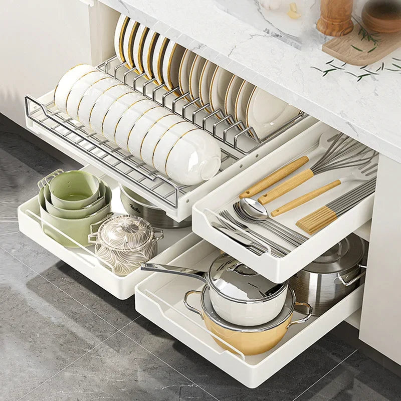 New Kitchen Storage Rack with Slide Rails Kitchen Drawer Type Organizer Shelf Tray Dish Drainer Storage Rack Cabinets Organize