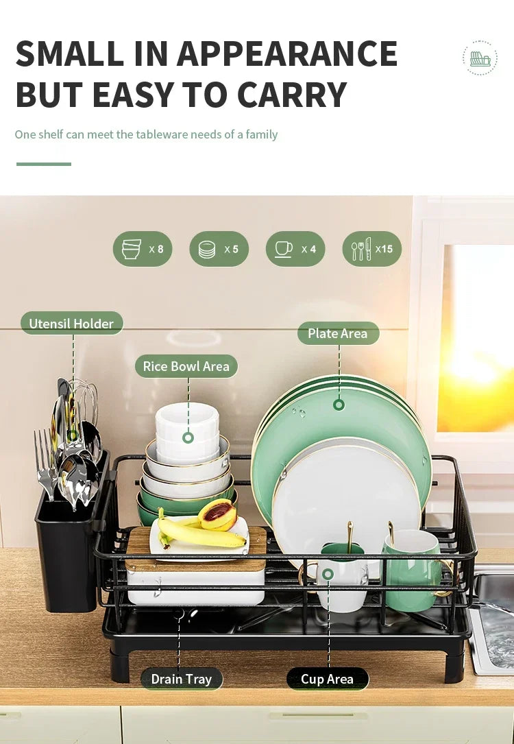 Metal Dish Draining Rack,Cutlery Rack With Drain Tray and Drip Line,Cup Holder,Cutlery Holder,Kitchen Countertop Storage Rack