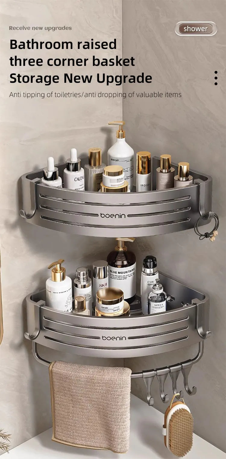 Wall Mounted Bathroom Shelves Shower Corner Shelf with Towel Bar Hook Space Aluminum Shampoo Holder Kitchen Organizer Rack