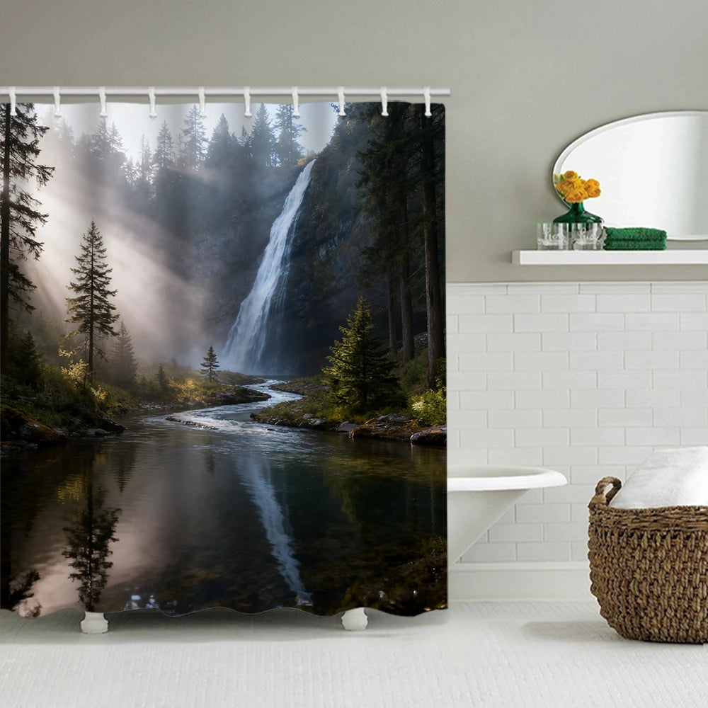 1/4 Forest Waterfalls  print shower Curtains, Toilet Seat Decoration, Shower Curtain with Carpet and Toilet Lid, 70.8x70.8 inch