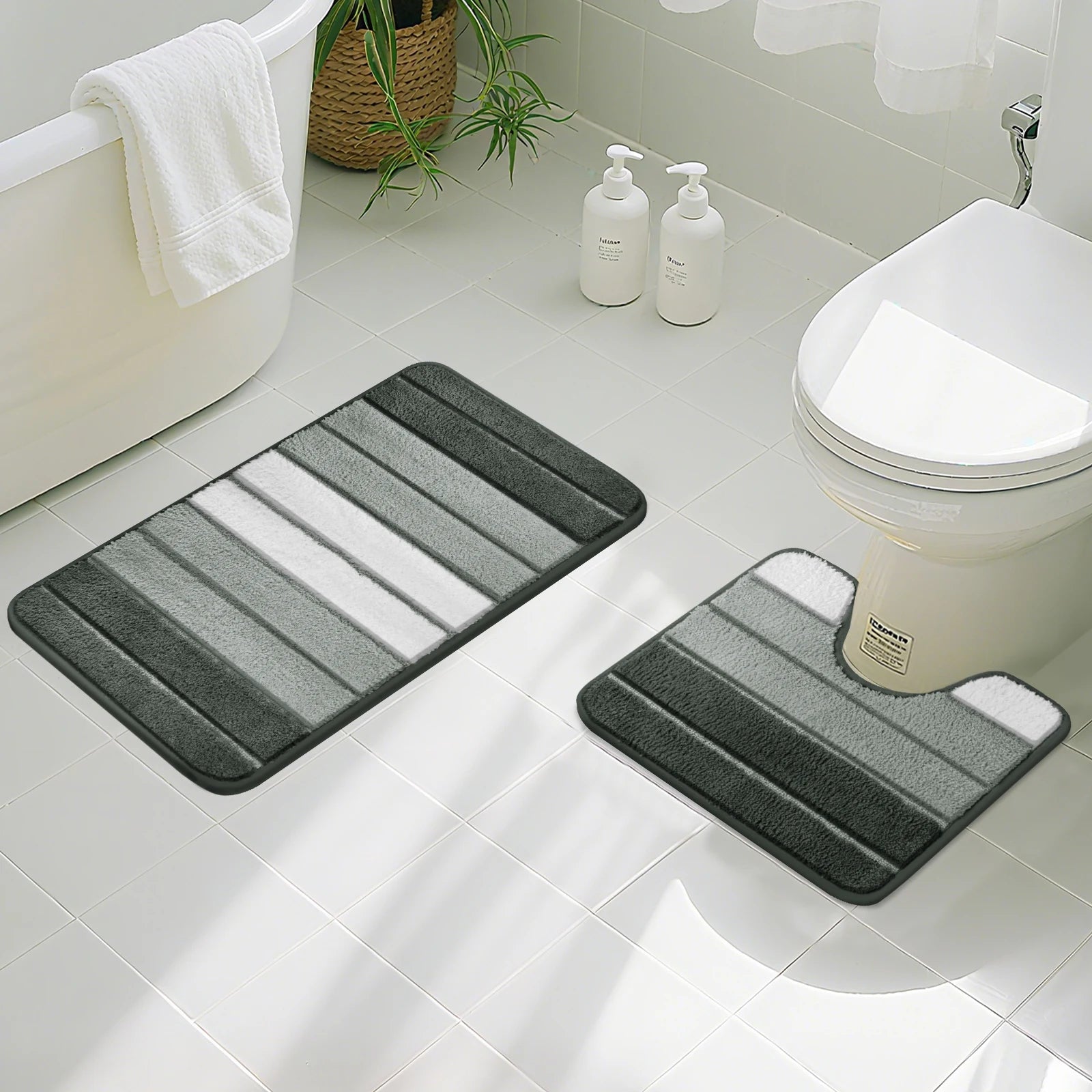 Bathroom Rug Set 2 Piece Plush Shaggy Soft Absorbent Microfiber Bath Mats and U-Shaped Contour Toilet Rug Non-Slip Machine Wash