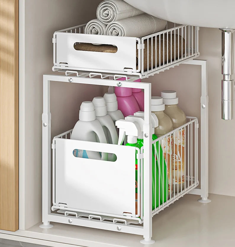 Kitchen Sink Storage Rack Pull-Out Basket Double Layer Spice Snack Bottle Can Organizer Cabinet Multi-level Shelf Under Cabinet