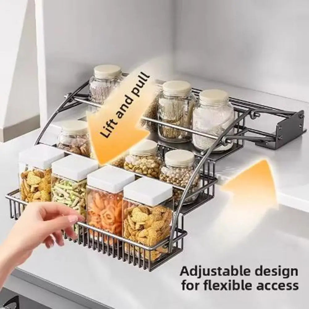 Carbon Steel 3-Tier Pull Down Spice Rack Large Capacity Space Saving Retractable Spice Rack Rust-proof Strong Load-bearing