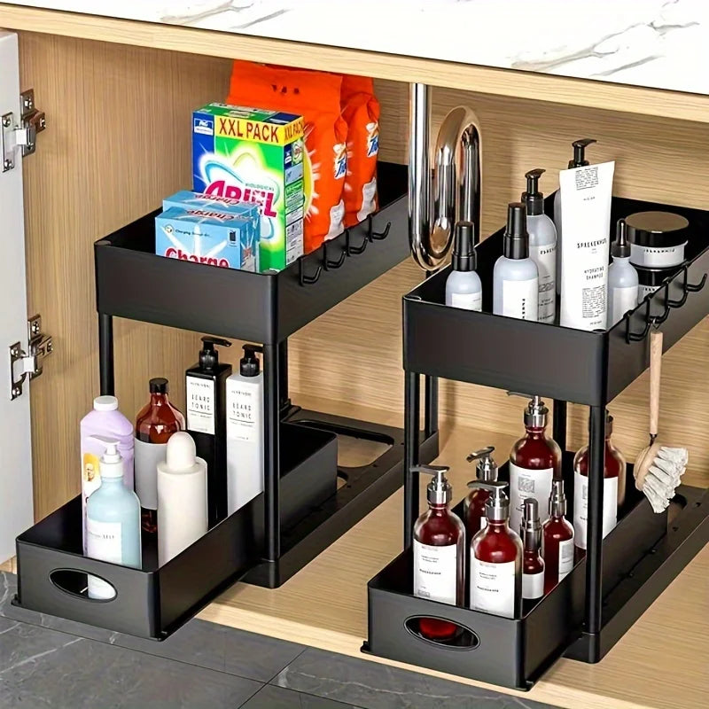 Under Sink Organizers and Storage Space-Saving Cleaning Supplies 2 Tier Sliding Under Shelf Organizer for Kitchen & Bathroom