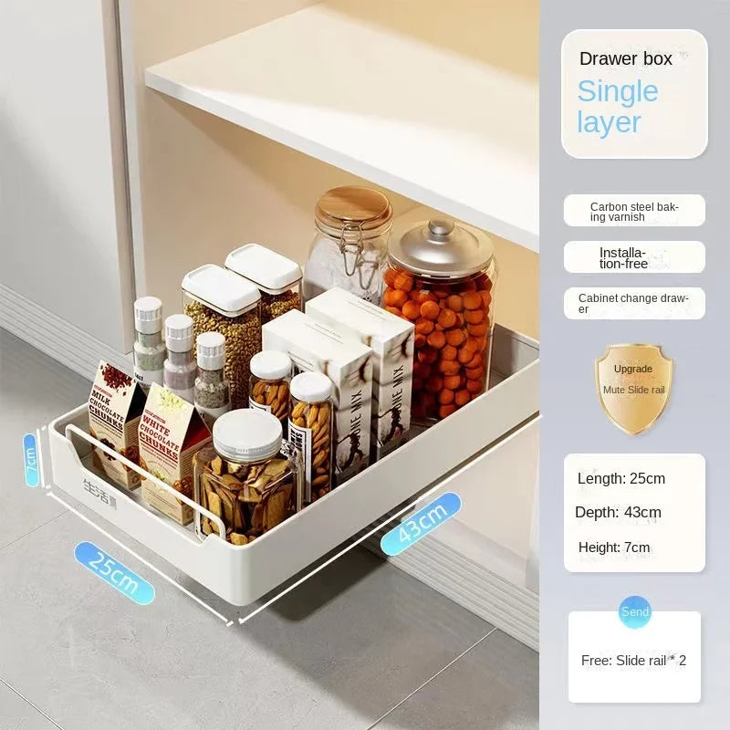 New Kitchen Storage Rack with Slide Rails Kitchen Drawer Type Organizer Shelf Tray Dish Drainer Storage Rack Cabinets Organize