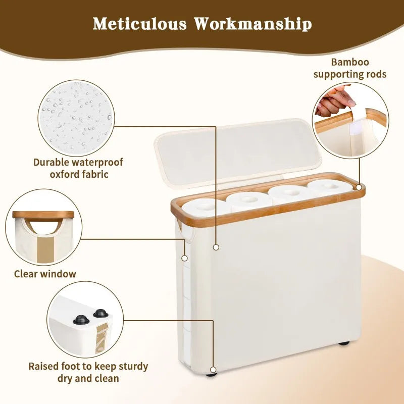 Bamboo Toilet Paper Holder with Storage Basket, Collapsible Storage Basket Bathroom Organizer Paper Towel Storage Bohemian Style