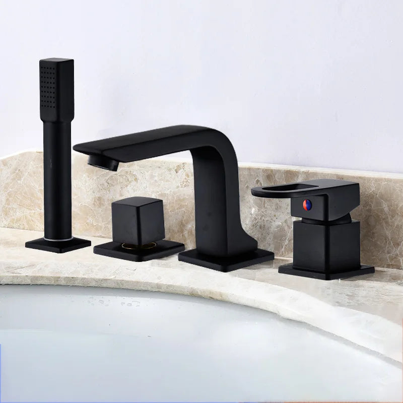 Bathroom Basin Faucet Widespread Bathtub Faucet Sink Mixer Tap 4-Holes Tub Filler with Pull Out Shower Sprayer Deck/Wall Mount