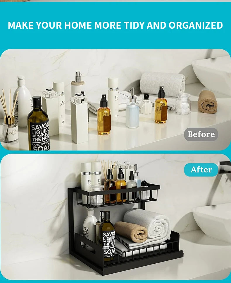Under Sink 2 Tier Sliding Cabinet Basket Organizer Drawer Pull Out Cabinet Multi-Purpose Sink Organizer for Bathroom Kitchen
