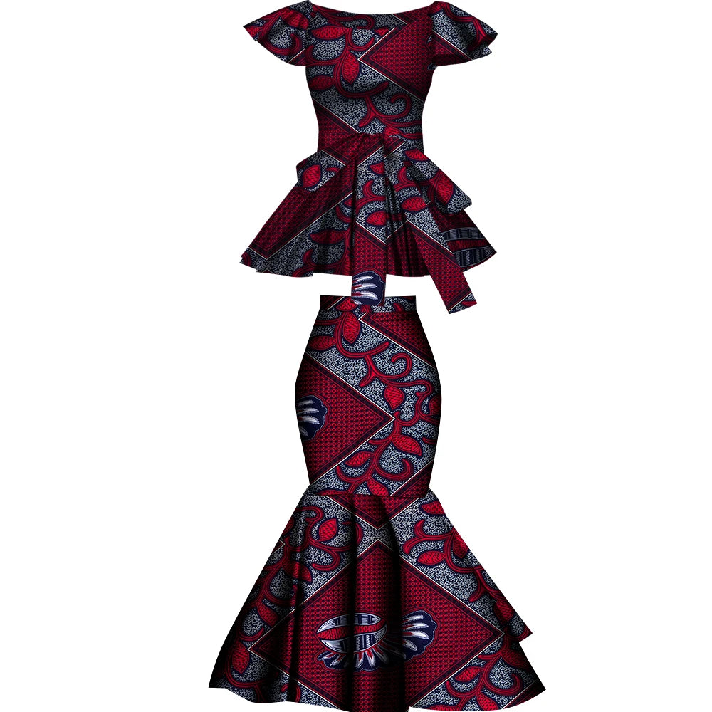 African Two Pcs Set Flared Skirt and Top Dashiki Wax Print Cotton Plus Size Party Clothing WY10076