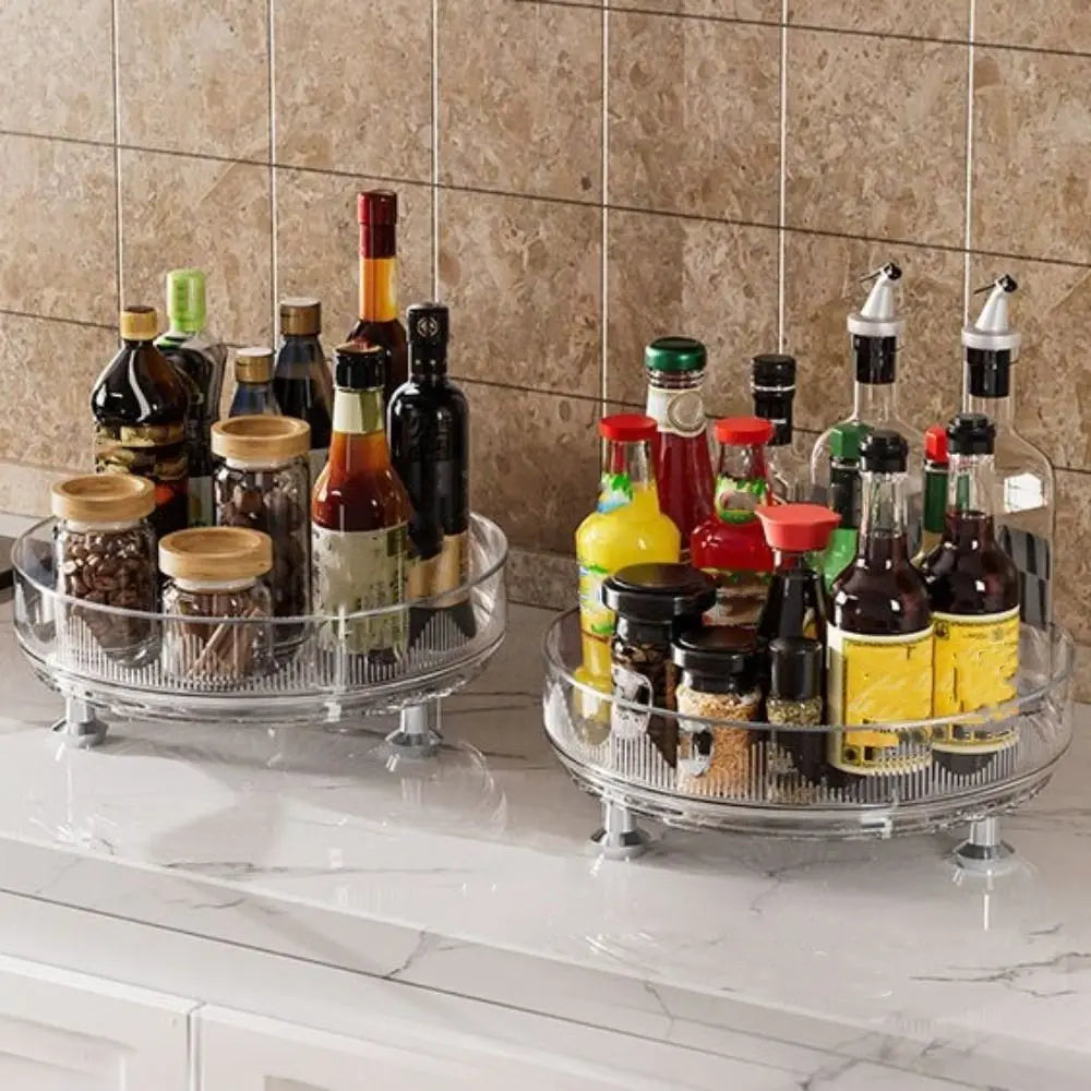 360°Rotating Rotating Spice Rack Clear Plastic Round Storage Tray Non-slip Base Space Saving Kitchen Storage Rack Countertop Use