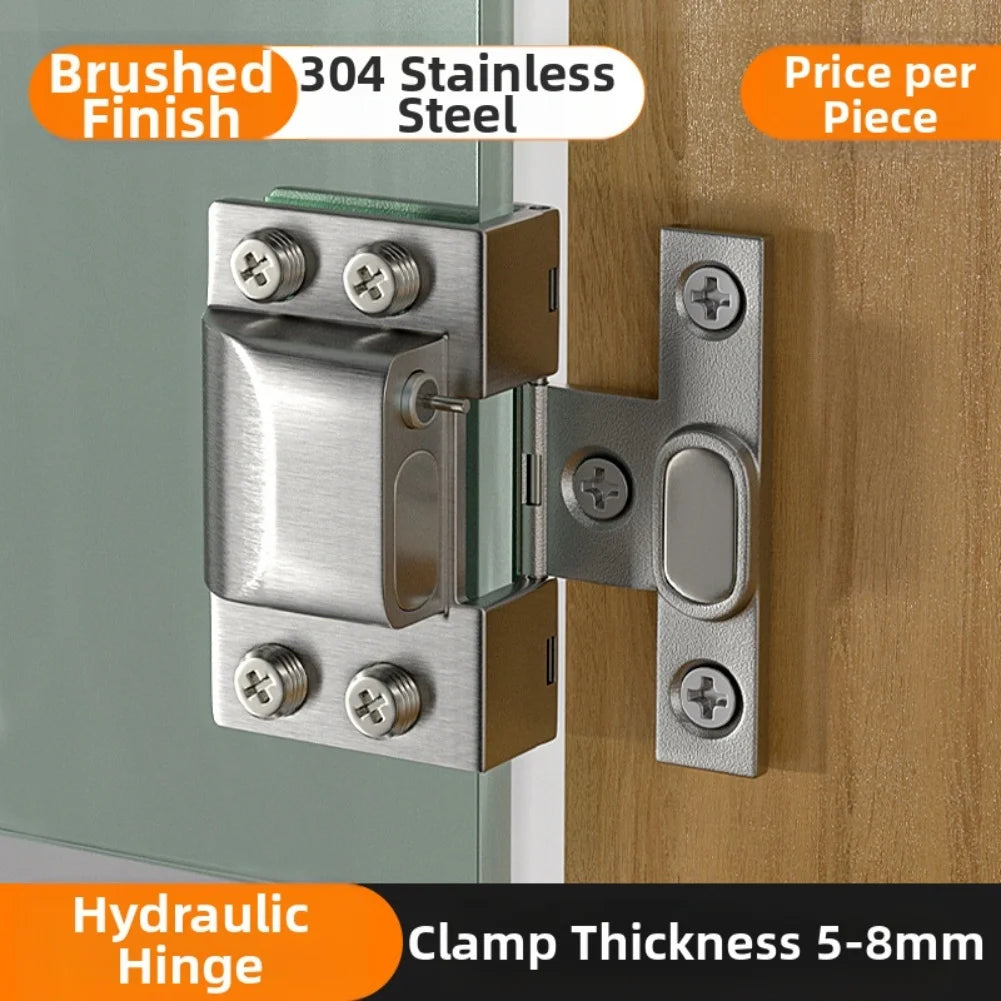 Stainless Steel Hydraulic Hinge For Glass Doors, U-Clip Design, Easy No-Punch Installation Door Clip Folding Hardware