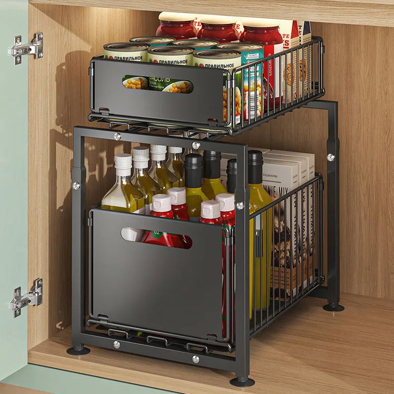 2-Tier Pull Out Cabinet Organizer Drawer Height Adjustable Kitchen Rack for Cabinet Under Sink Organizer Spice Jar Storage Shelf