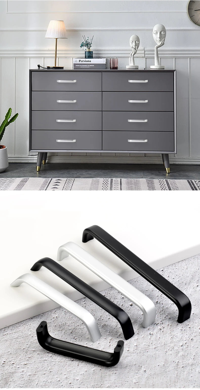 Modern Furniture Handles Black Wardrobe Door Pulls Silver Long Drawer Pulls Bathroom Cabinet Handle Aluminum Alloy Curved Handle