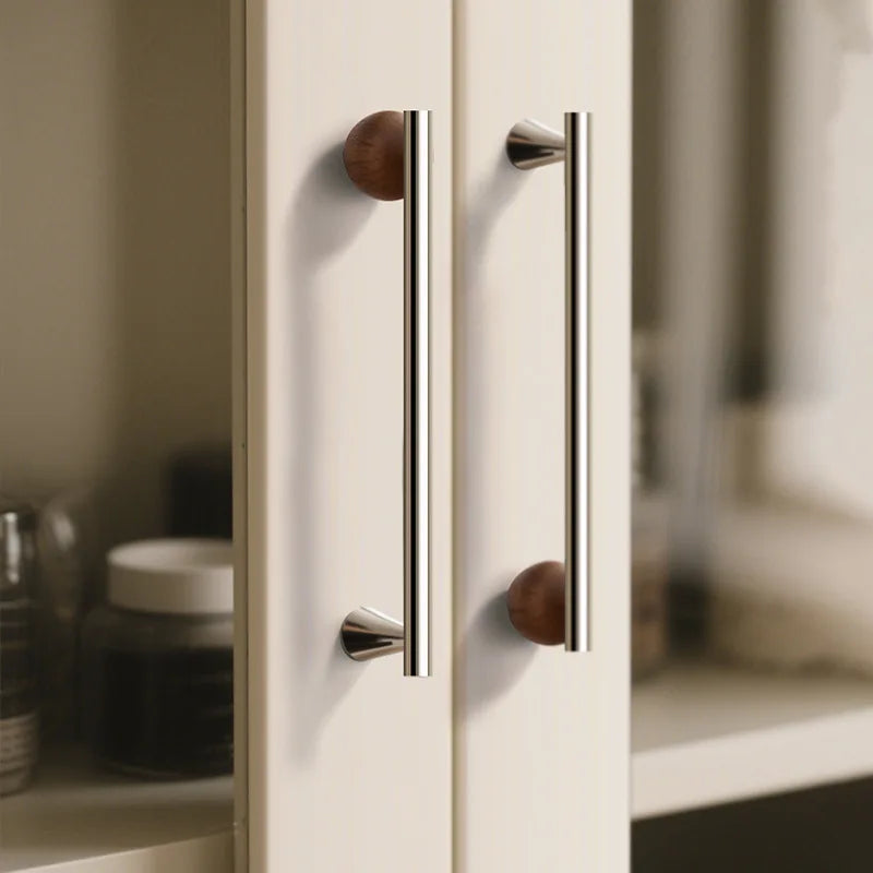 Shiny Silver Brass Cabinet Handles Chrome Wardrobe Pulls with Walnut Wood Ball Drawer Bar Modern Furniture Door Knobs
