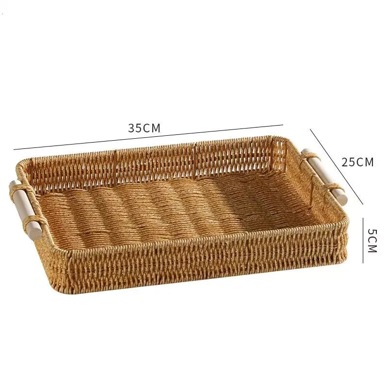 Plastic Storage Tray With Handle Imitation Rattan Weaving Basket Sundries Plate Fruit Platter Tea Tray Dinner Serving Tray