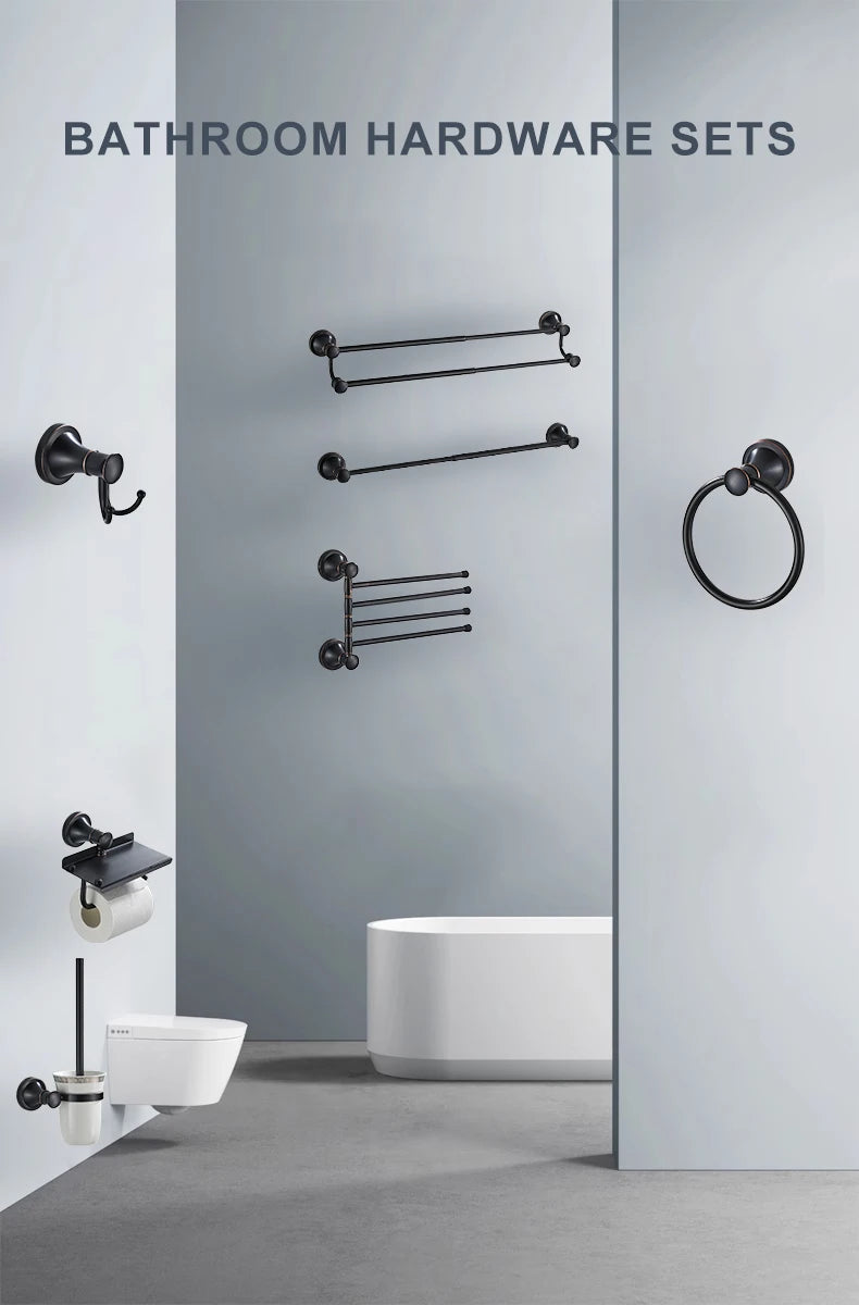 Bathroom Bath Toilet Paper Holder Robe Hook Bathroom Retractable Towel Hanging Rod Black Zinc Alloy EL852