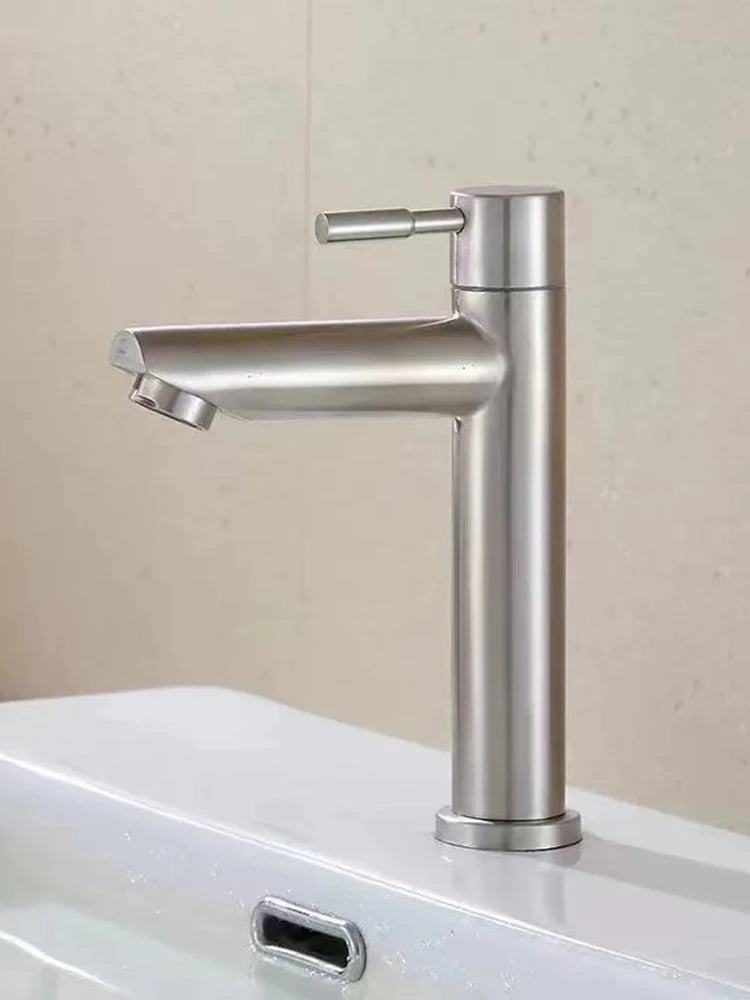 Stainless Steel Single Cold Water Tap Black Basin Fauct Silver Deck Mounted Lengthening and Raising Basin Sink Tap