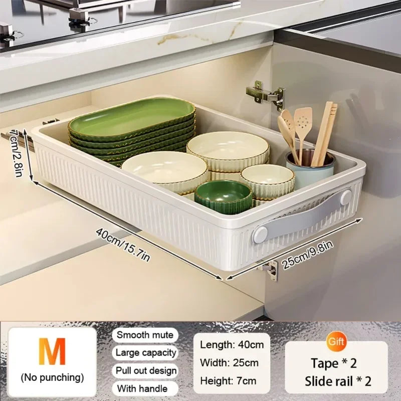 Kitchen Drawer Storage Rack with Slide Rails Pull-out Cabinet Organizer Free Installation Non Punched Easy To Clean Storage Box