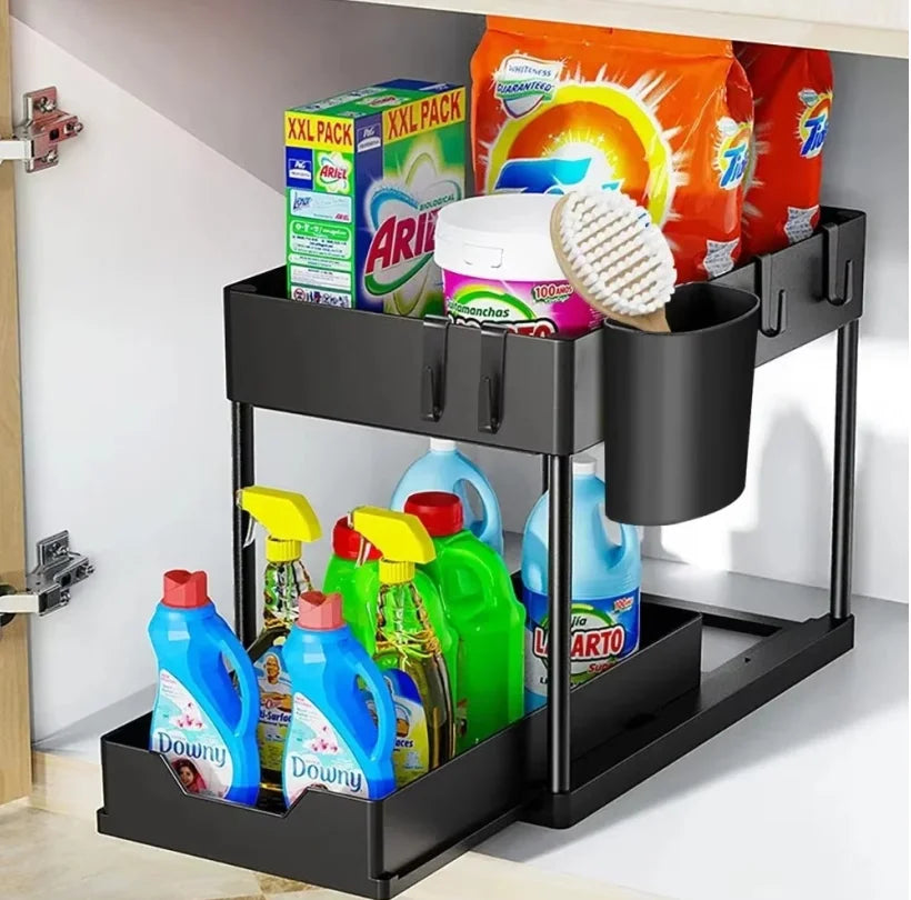 Under Sink Organizer and Storage, Kitchen Organization Rack with Double Sliding Cabinet Drawers, Multi-Purpose Storage Shelf Hol