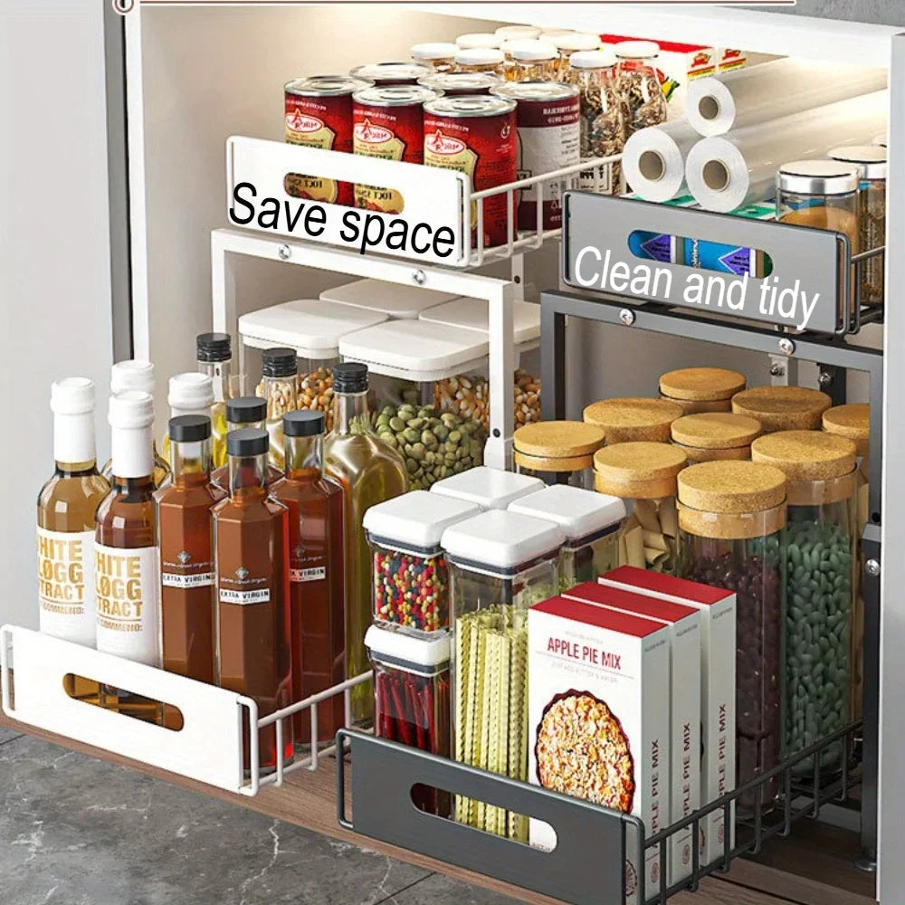 Pull-Out Cabinet Organizer - Adjustable Storage Shelf for Spices, Dishes & Kitchen Essentials | Multi-Purpose Drawer Rack
