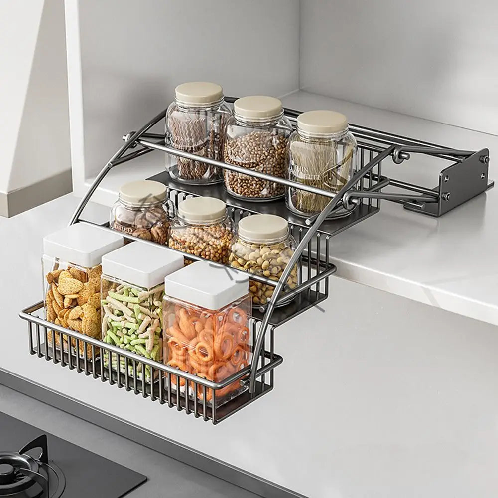 Carbon Steel 3-Tier Pull Down Spice Rack Large Capacity Space Saving Retractable Spice Rack Rust-proof Strong Load-bearing
