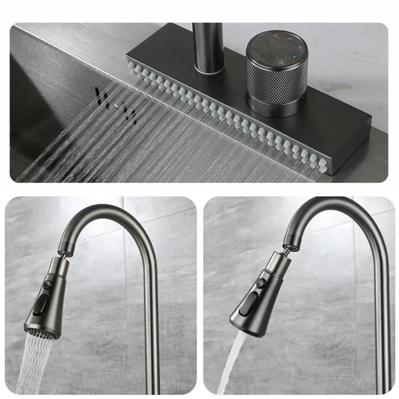 Waterfall Sink Pull Type Kitchen Faucet Hot Cold Mixer Vegetable Wash Tap Basin Multiple Water Outlets Rotation Flying Rain Tap