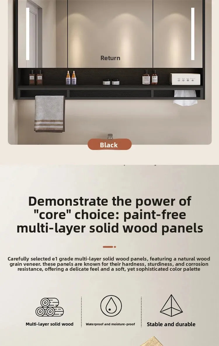 Bathroom Mirror Cabinet Wall Mounted LED Waterproof Aluminum Medicine Cabinet with Storage Shelf Towel Rod for Home Bathroom