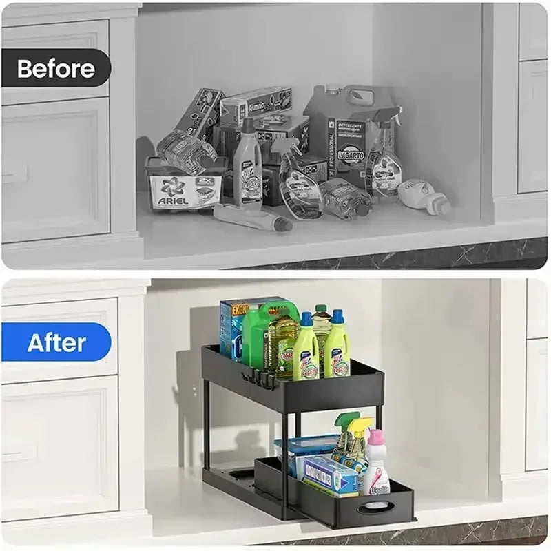 2 Tier Under Sink Organizer Sliding Cabinet  Organizer Storage Rack with Hooks Hanging Cup Bathroom Kitchen Organizer
