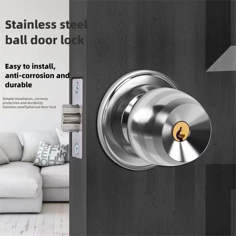 Stainless Round Door Knobs Rotation Lock Knobset Handle with Key for Bedrooms Bathrooms Utility Room Hardware Accessories