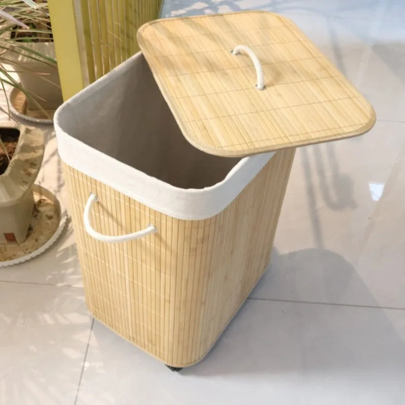 Dirty Laundry Basket Folding Storage Baskets Bamboo Clothes Storage Box with Lid Multifunctional Organizer Boxes with Wheels