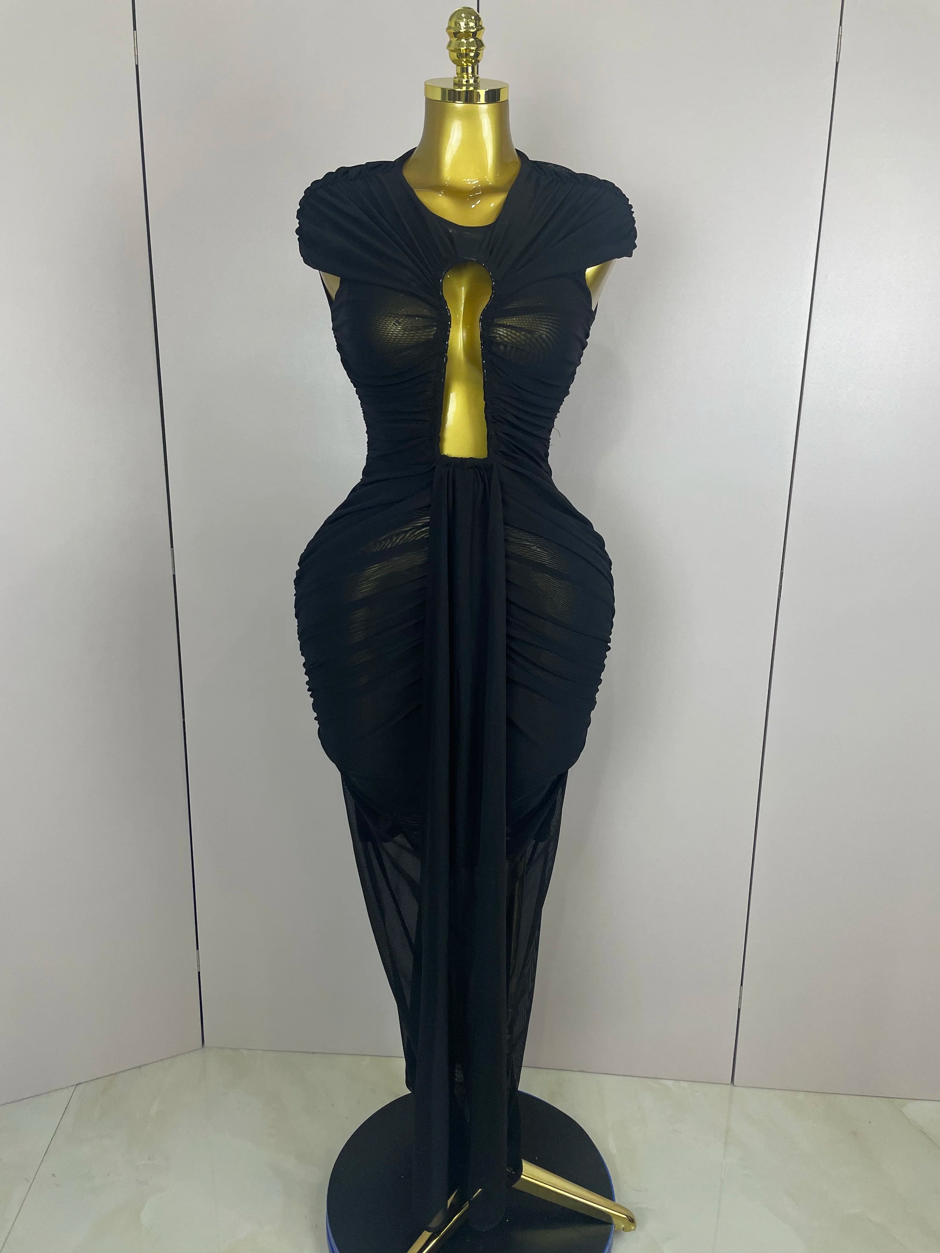 Women Sexy Sleeveless O-Neck Hollow Out Mesh Bodycon Long Dress Fashion Show Celebrate Celebrity Evening Birthday Party Dress