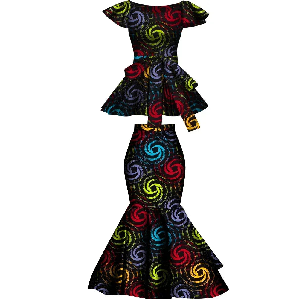 African Two Pcs Set Flared Skirt and Top Dashiki Wax Print Cotton Plus Size Party Clothing WY10076
