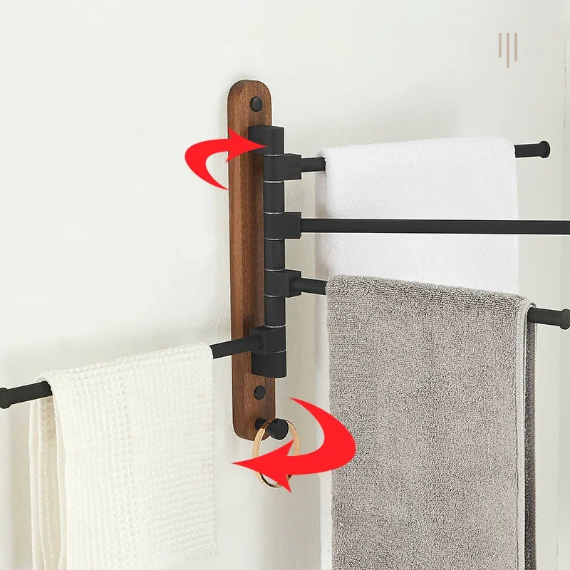 Bathroom Swivel Towel Rack, Wood & Matte Black Metal, 4-Arm Wall Mounted Towel Bar with Towel Ring, Space-Saving Towel Hanger