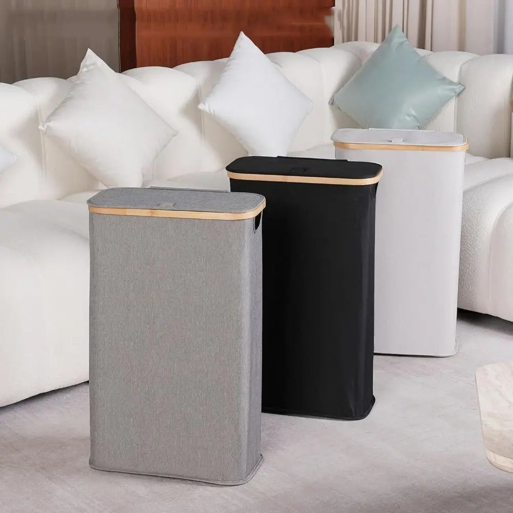 Collapsible Slim Laundry Hamper with Lid Bamboo Handles Removable Inner Bag Clothes Basket Bin Foldable Freestanding