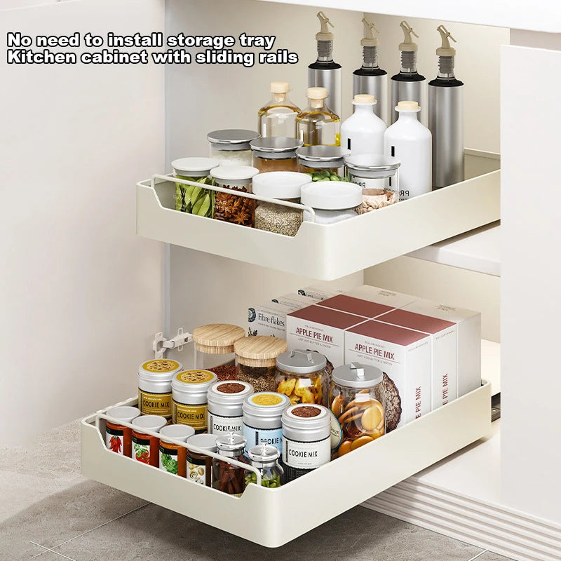 1Pc Dish Rack Kitchen Storage Box with Sliding Rail Pull-out Cabinet Storage Rack Spice Pantry Shelves Drawer Kitchen Organizer
