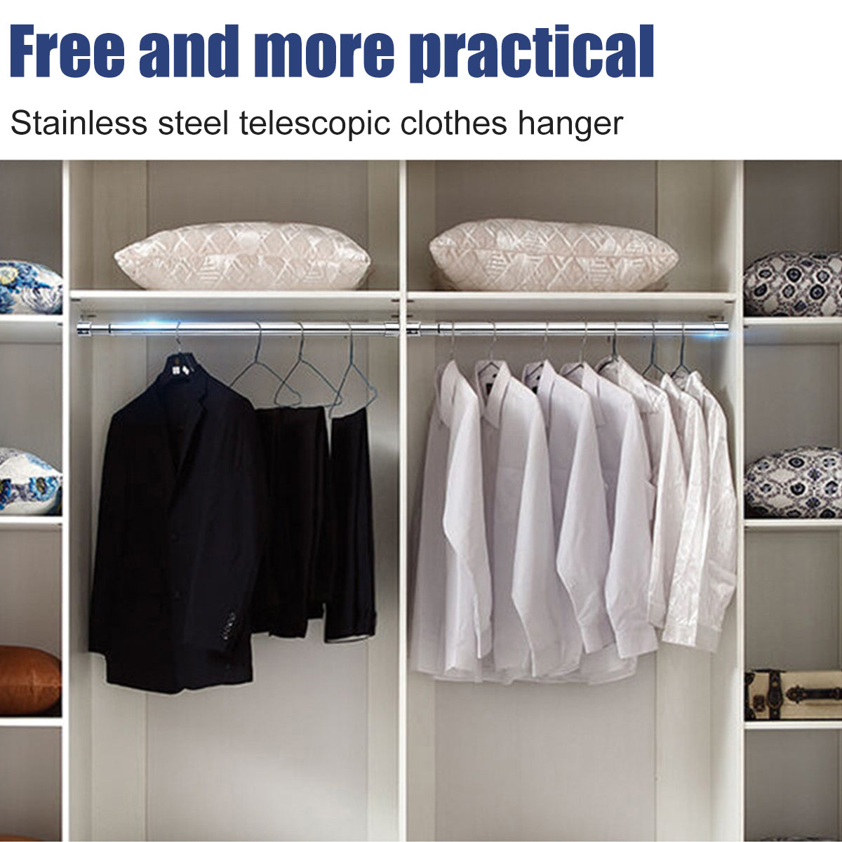 Wardrobe Rail Extendable Clothing Rail 56-100cm Stainless Steel Clothes Rod with End Sockets Screws Adjustable Closet Rail Pole
