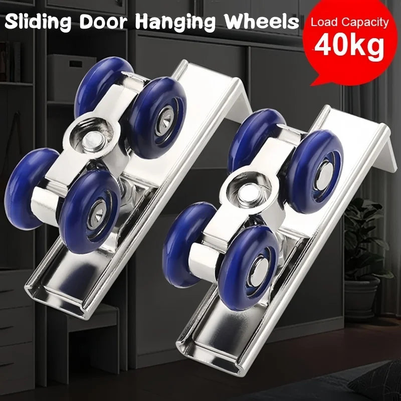 2Pcs/Set 4 Wheels Sliding Door Rollers Hardware Slide Doors Pulley Wardrobe Closet Wood Door Hanging Wheels Rail Track Pulley