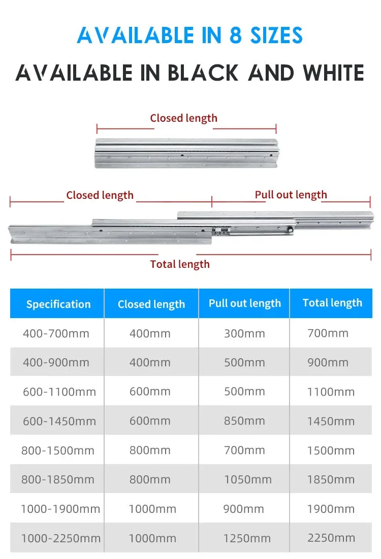 1Pcs Bottom Mount Heavy Duty Drawer Slides 260 LB Load Capacity Full Extension Ball Bearing Cabinet Hidden Stair Rail 400-900mm