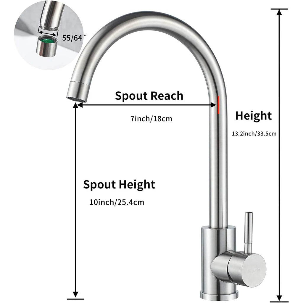 Kitchen sink mixer tap with hose, stainless steel 360° single handle single hole swivel spout, high arc single hole basin tap, h